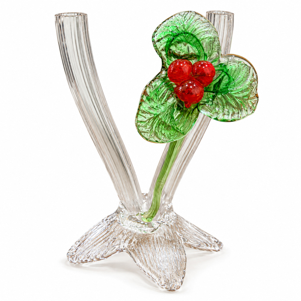 PRISTINE Antique Kralik Art Nouveau Twin Tube Applied Red Berry Glass Vase